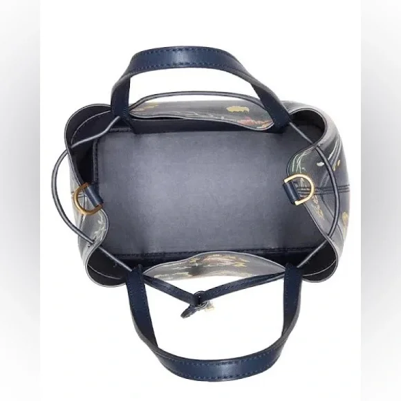 Tory Burch Block-T Printed Small Bucket Bag Navy Happy Times - Picture 6 of 17